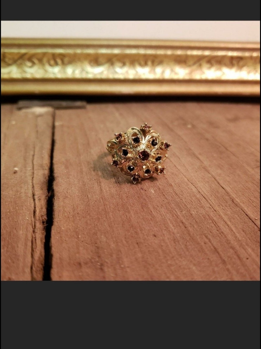 Rare Antique Russian Byzantine Filigree Ring Black Amber Rhinestones Sz 7.5